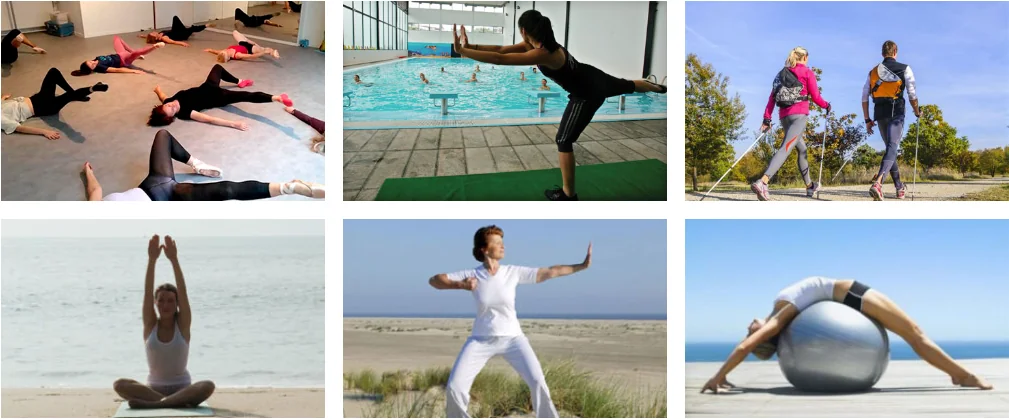 Exemplos de atividades físicas: ginástica, hidroginástica, caminhada, yoga, tai-chi e pilates